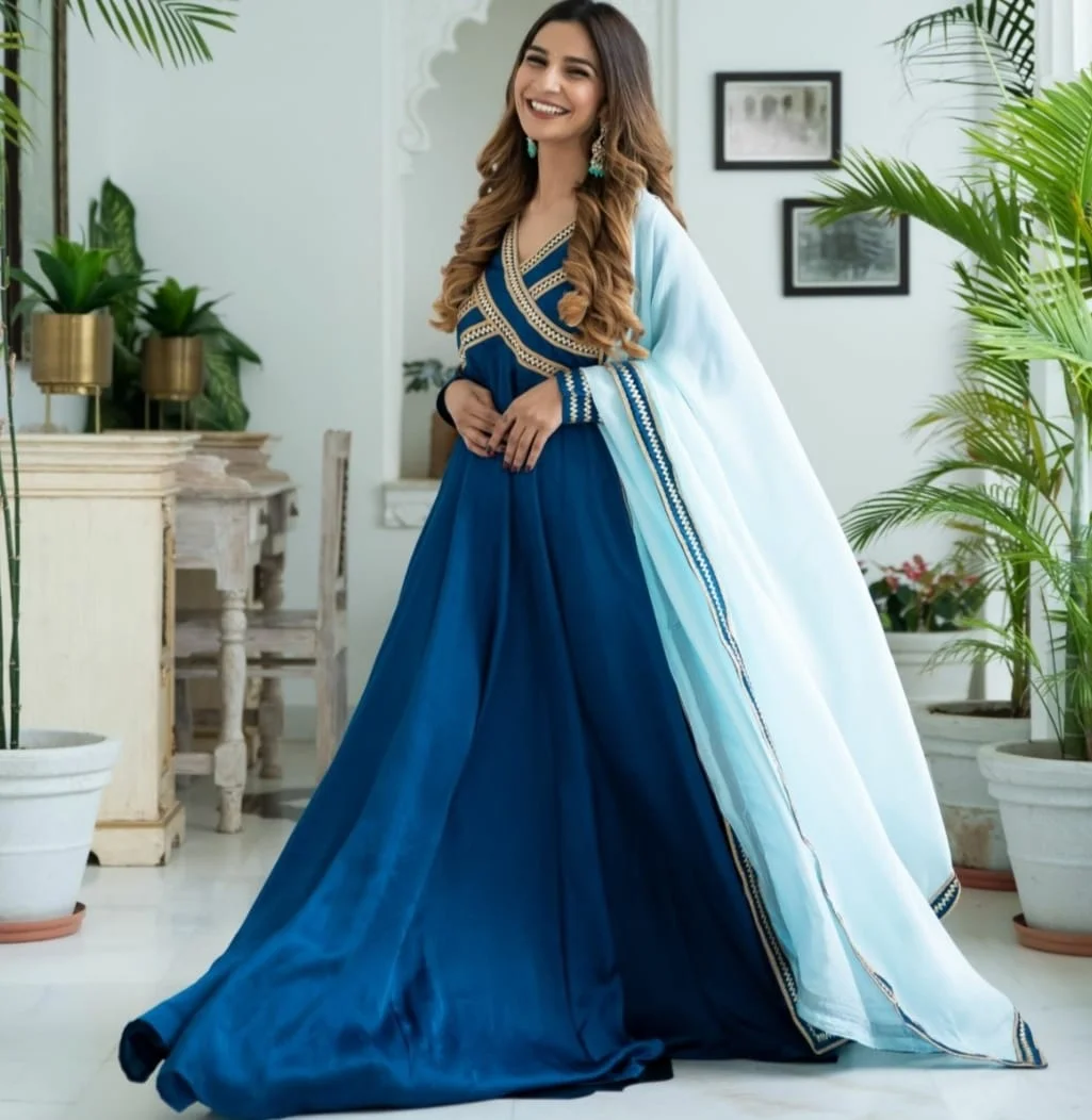 Blue Benarasi Dress with Silver Brocade Tissue Borders | Long gown design,  Saree dress, Dress