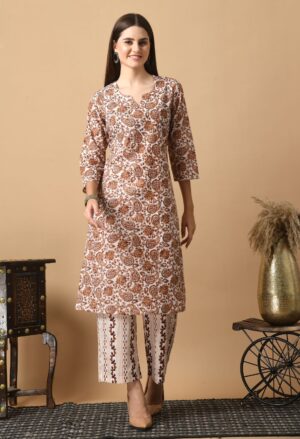 Cotton Brown Kurti Pant Set with Pocket