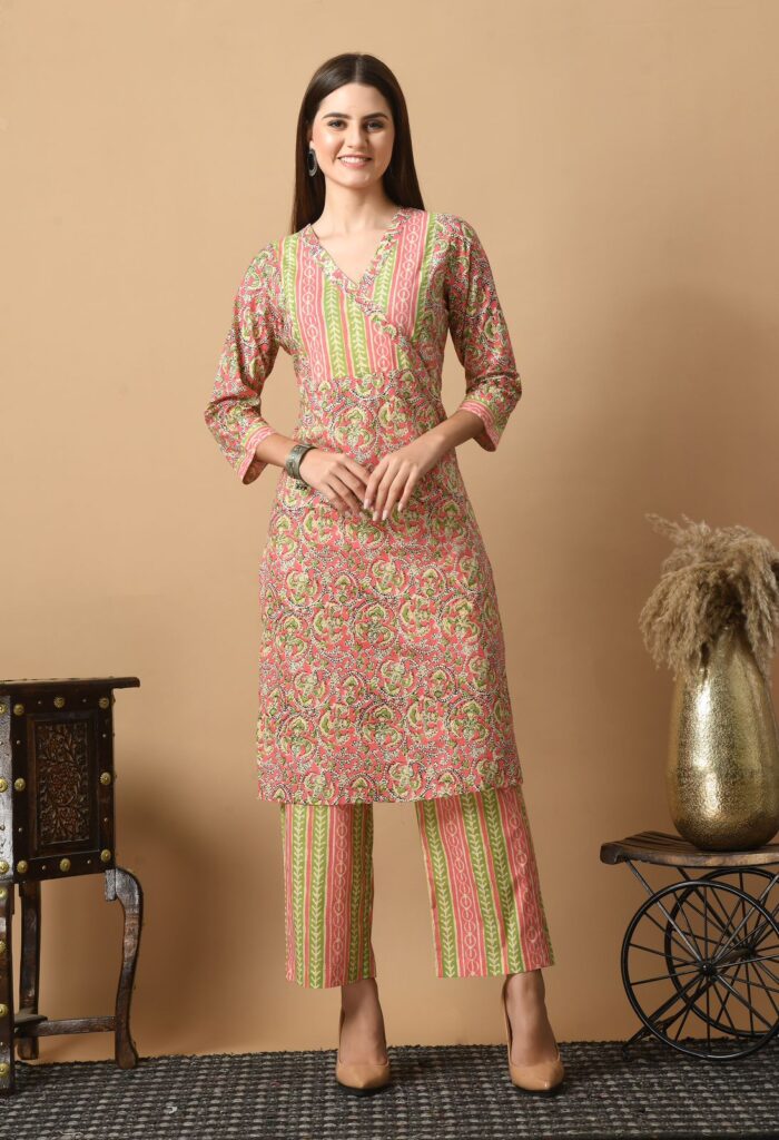 Cotton Green Kurti Pant Set with Pocket