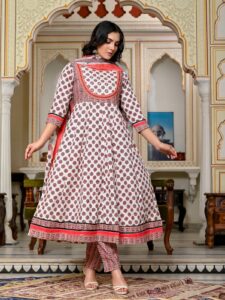 BPT Designer White Maroon Cotton Suit Set with Embroidery Work