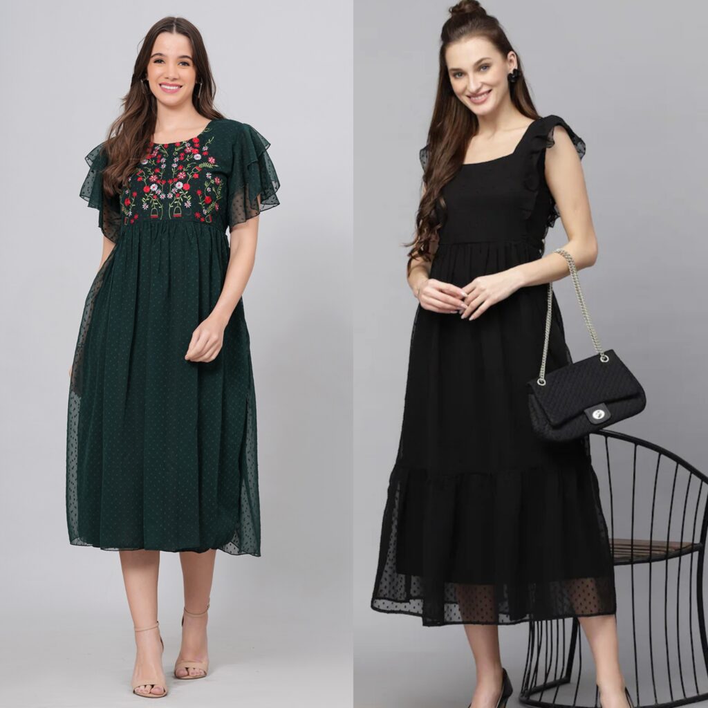 Combo Georgette Party Wear Long Western Dress Bottle Green & Black 2