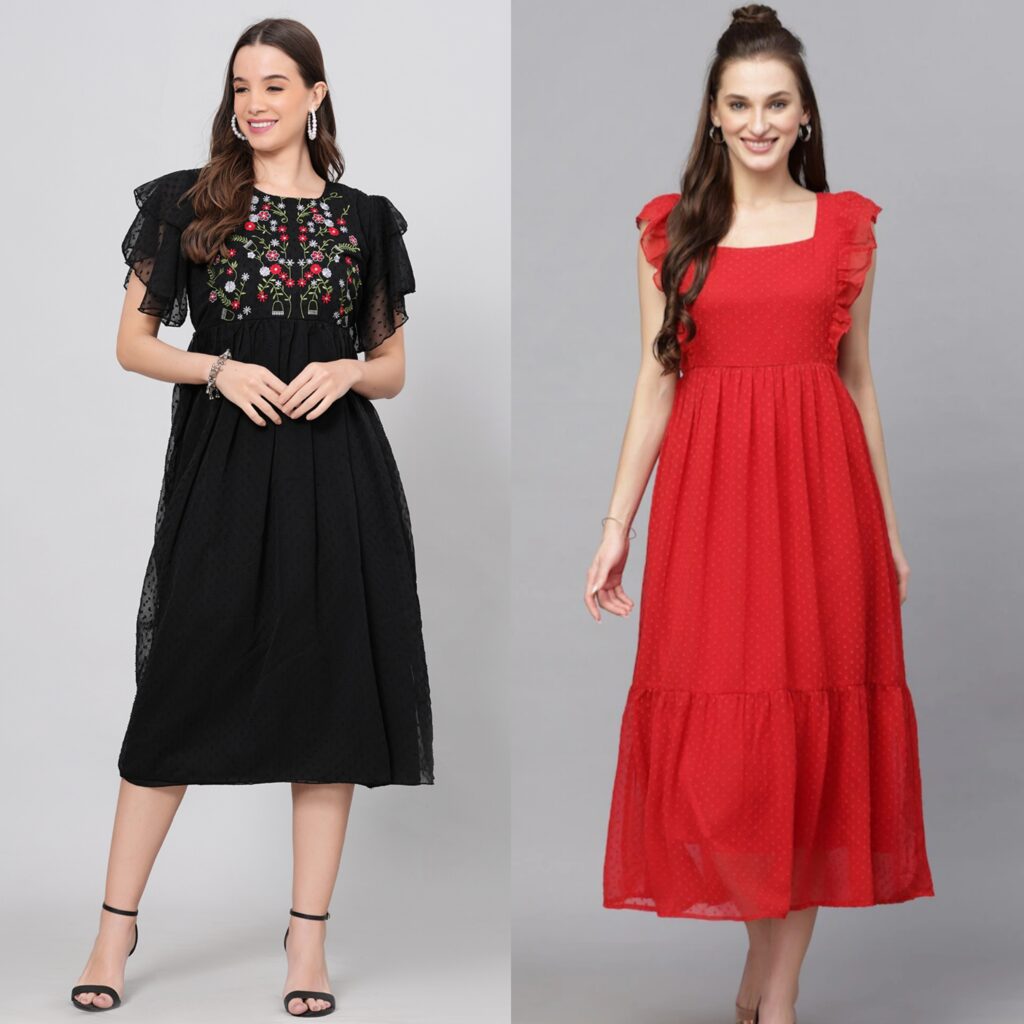 Combo Georgette Party Wear Long Western Dress Black & Red 2