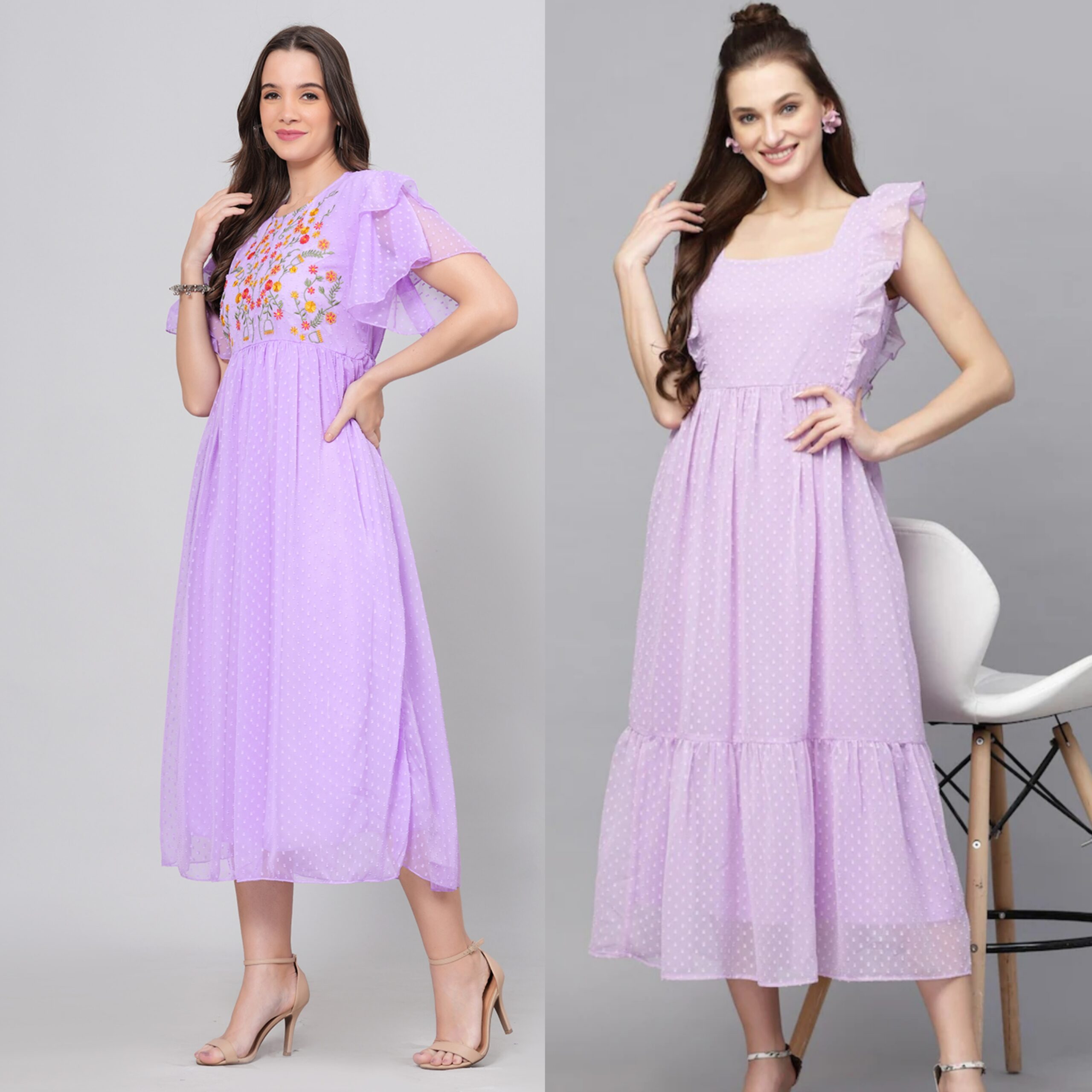 Combo Georgette Party Wear Long Western Dress Lavender & Lavender 2