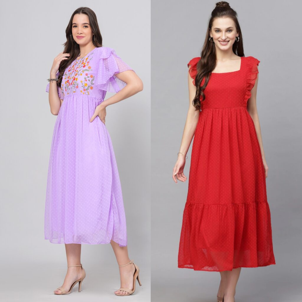 Combo Georgette Party Wear Long Western Dress Lavender & Red 2