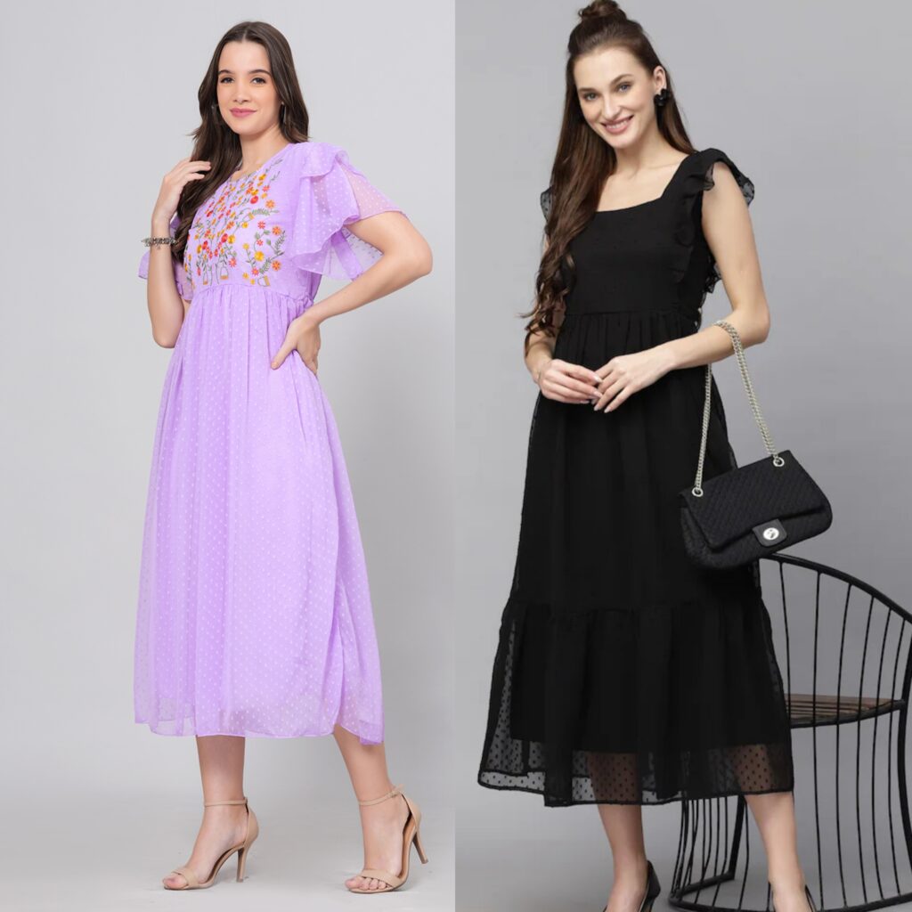 Combo Georgette Party Wear Long Western Dress Lavender & Black 2