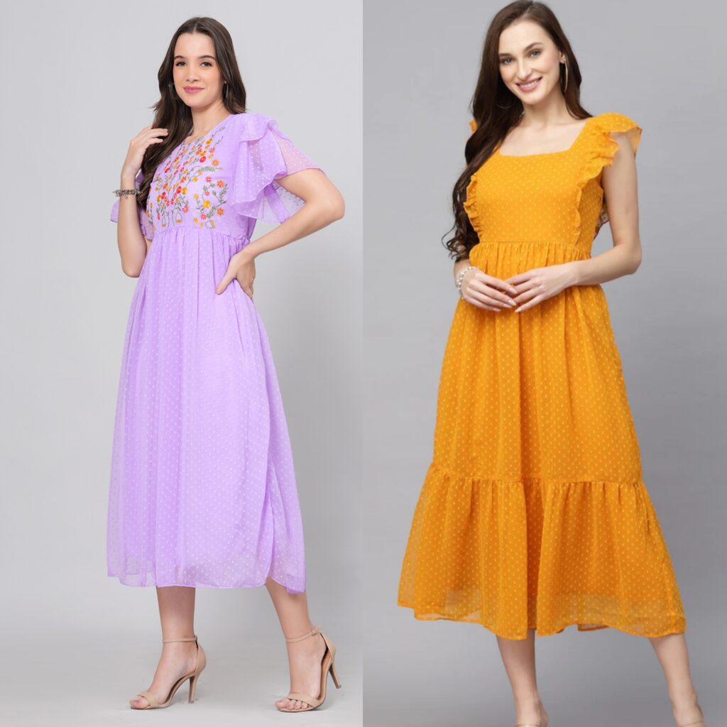 Combo Georgette Party Wear Long Western Dress Lavender & Mustard 2