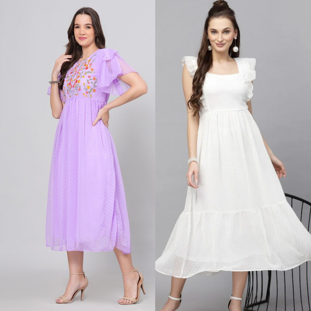 Combo Georgette Party Wear Long Western Dress Lavender & White 2