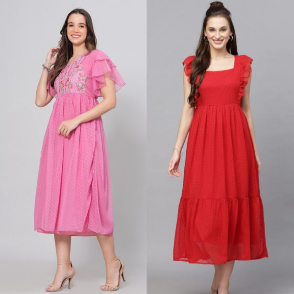 Combo Georgette Party Wear Long Western Dress Pink & Red 2