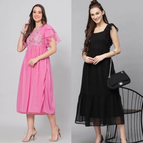 Combo Georgette Party Wear Long Western Dress Pink & Black