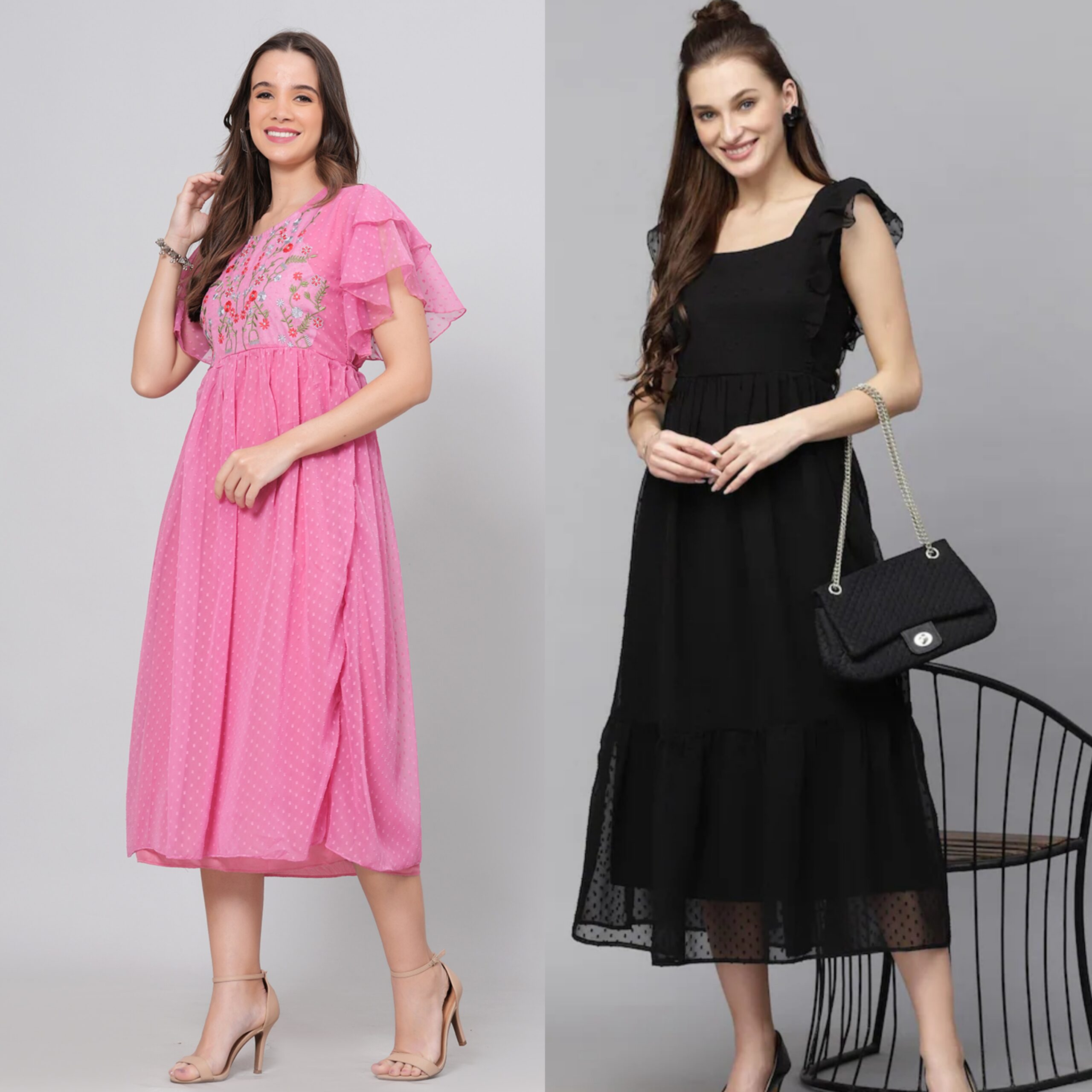 Combo Georgette Party Wear Long Western Dress Pink & Black