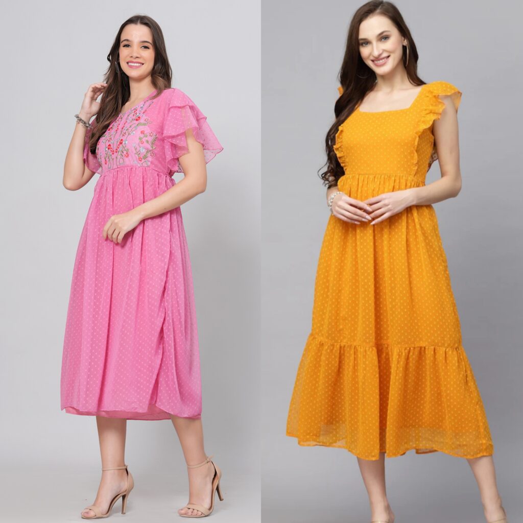 Combo Georgette Party Wear Long Western Dress Pink & Mustard