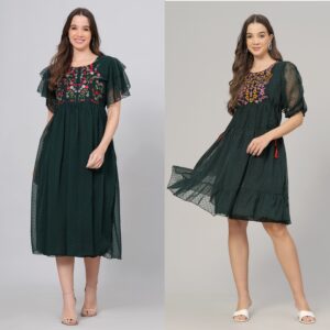 Combo Georgette Party Wear Western Dress Black & Bottle Green