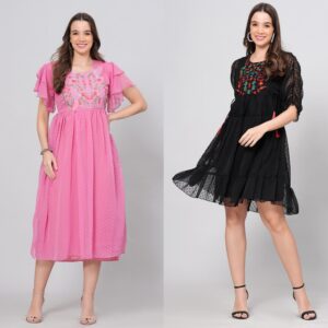 Combo Georgette Party Wear Western Dress Pink & Black