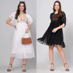 Combo Georgette Party Wear Western Dress White & Black