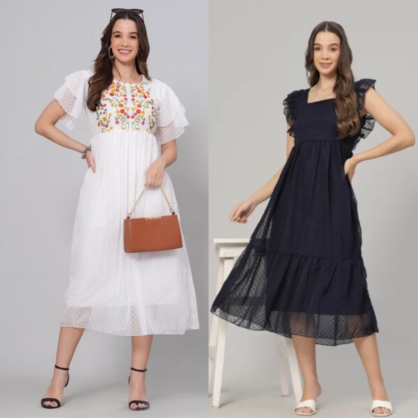 Combo Georgette Party Wear Long Western Dress White & Navy 2