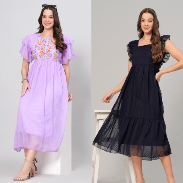 Combo Georgette Party Wear Long Western Dress Lavender & Navy 2