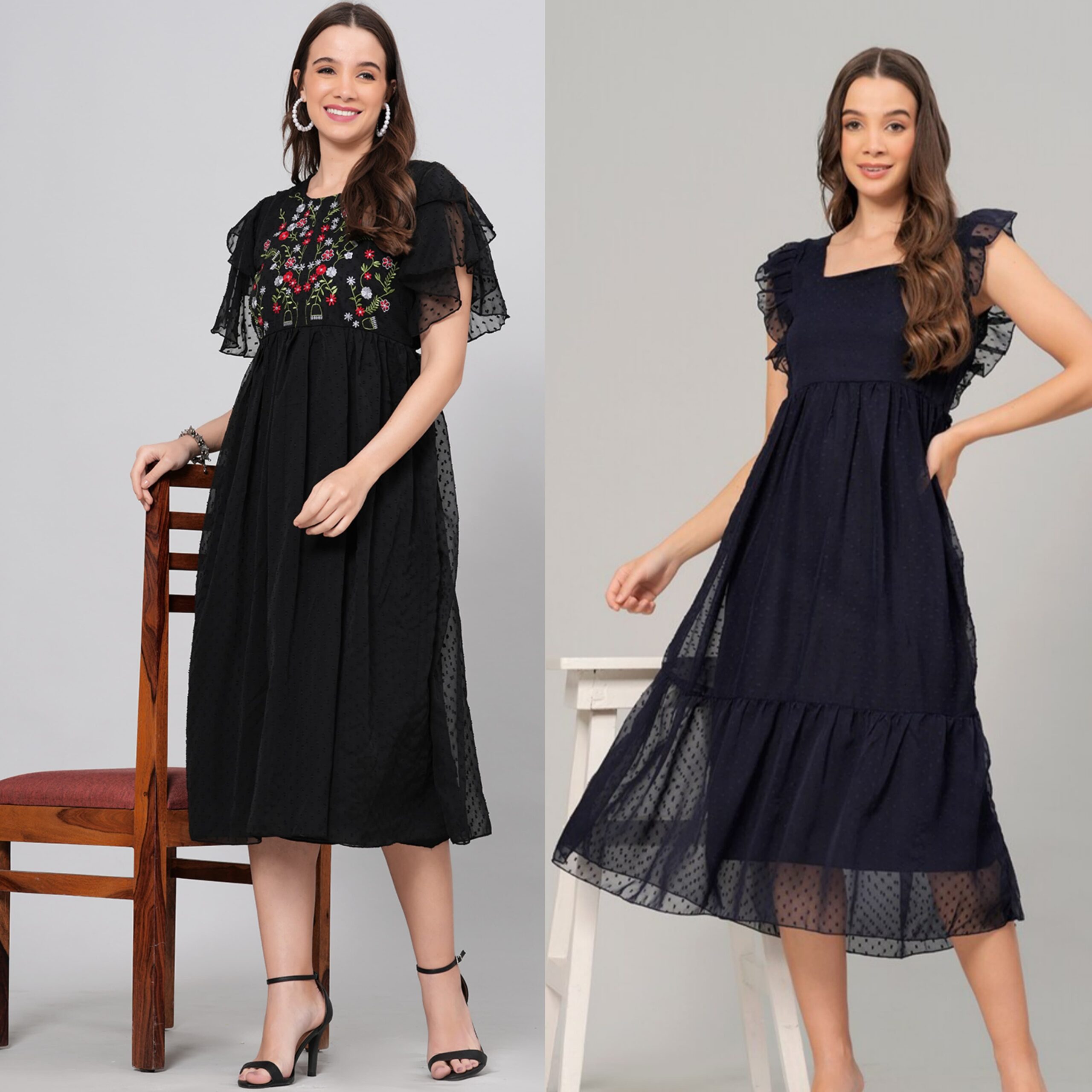 Combo Georgette Party Wear Long Western Dress Black & Navy 2